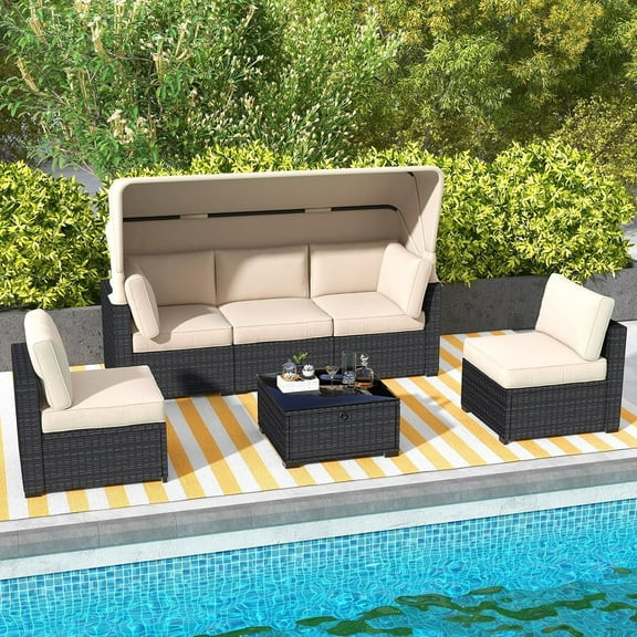 6 Piece Dark Brown Beige Patio Rattan Sofa Bed with Retractable Canopy and Storage Side Table, Patio Sofa Bed Set with Soft Cushions and Backrest Cushions, Garden Parlor Set Thick Seat