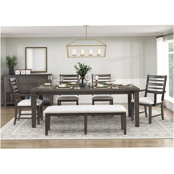 6-Piece Dark Espresso Wood Dining Set with Extendable Table, Upholstered Bench and Chairs for 6