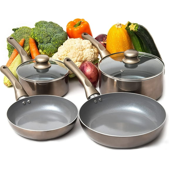 6-Piece Dark Grey Nonstick Cookware Set with Glass Lids Induction Compatible Stay-Cool Handles