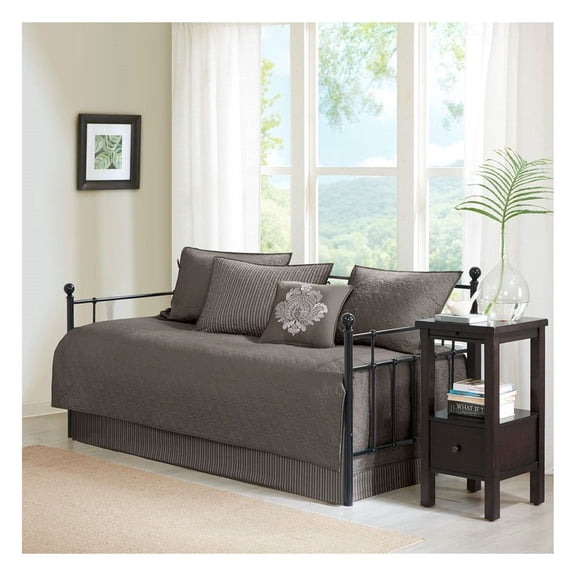 6 Piece Daybed Cover Set Twin Size - Reversible Daybed Coverlet - Solid & Striped - Dark Grey - Includes Shams & Pillow