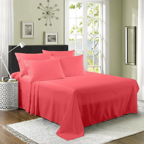 6 Piece Derived Rayon Bamboo Sheets,Bamboo Sheet Set-Deep Pockets,Moisture Wicking, Softer Than Cotton-1 Fitted Sheet,1 Flat,4 Pillowcases-Queen Size-Coral