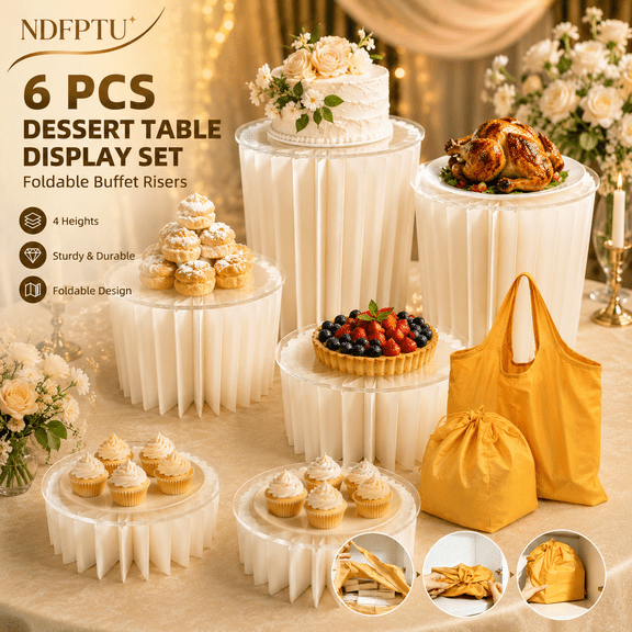 6 Piece Dessert Table Display Set Foldable Buffet Risers 11.8 Inch Round Table Risers for Display 4 Heights White Cake Cupcake Stands for Wedding Party