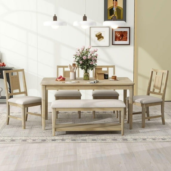 TUANLUO Uptown 6 Piece Farmhouse Wood & Fabric Dining Table Set, Beige