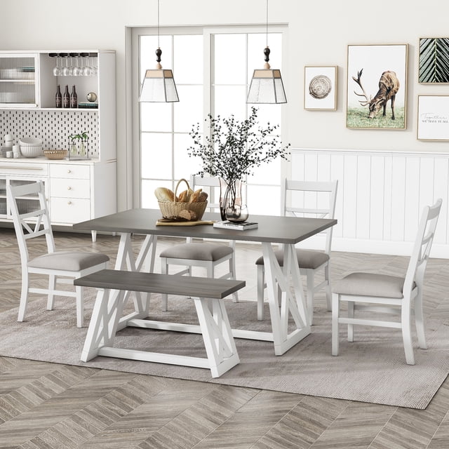 6 Piece Dining Room Set, Dining Table Set for 6, Farmhouse Dining Table ...