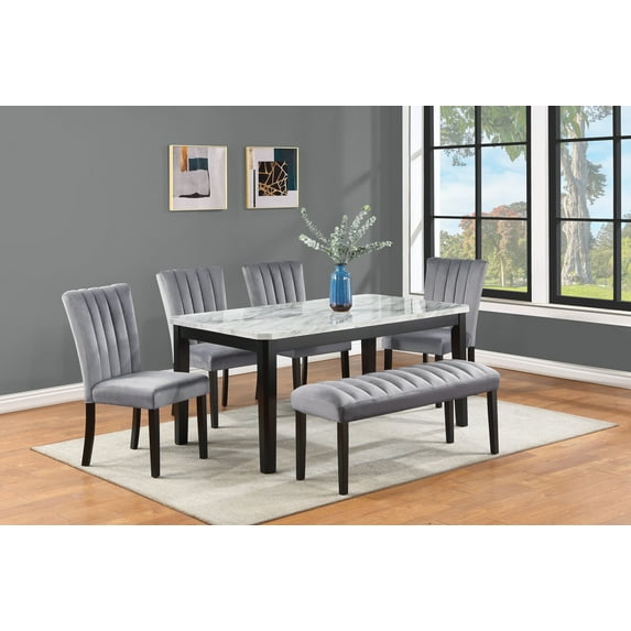 6-Piece Dining Set, 1 Rectangular Faux Marble Table, Paired with 4 Upholstered Chairs &1 Bench, Channel Tufting Wooden Solid Wood Dining Room Kitchen Furniture, Black+Grey