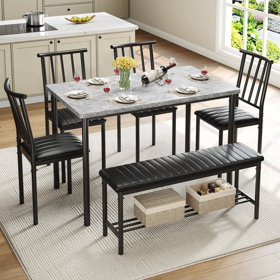Legahome Dining Table Set for 6, Modern 6 Piece Dining Room Set with Bench, Kitchen Table and Chairs Set for Breakfast Nook with PU Leather Upholstered Chairs, Brown