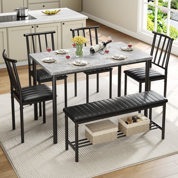 Legahome Dining Table Set for 6, Modern 6 Piece Dining Room Set with Bench, Kitchen Table and Chairs Set for Breakfast Nook with PU Leather Upholstered Chairs, Brown