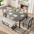 thumbnail image 1 of Legahome Dining Table Set for 6, 6 Piece Dining Set with Bench and Storage Rack, Metal Frame Kitchen Rectangular Table and PU Leather Chairs Set for Dining Room, Gray Table Top & Gray Chair, 1 of 11