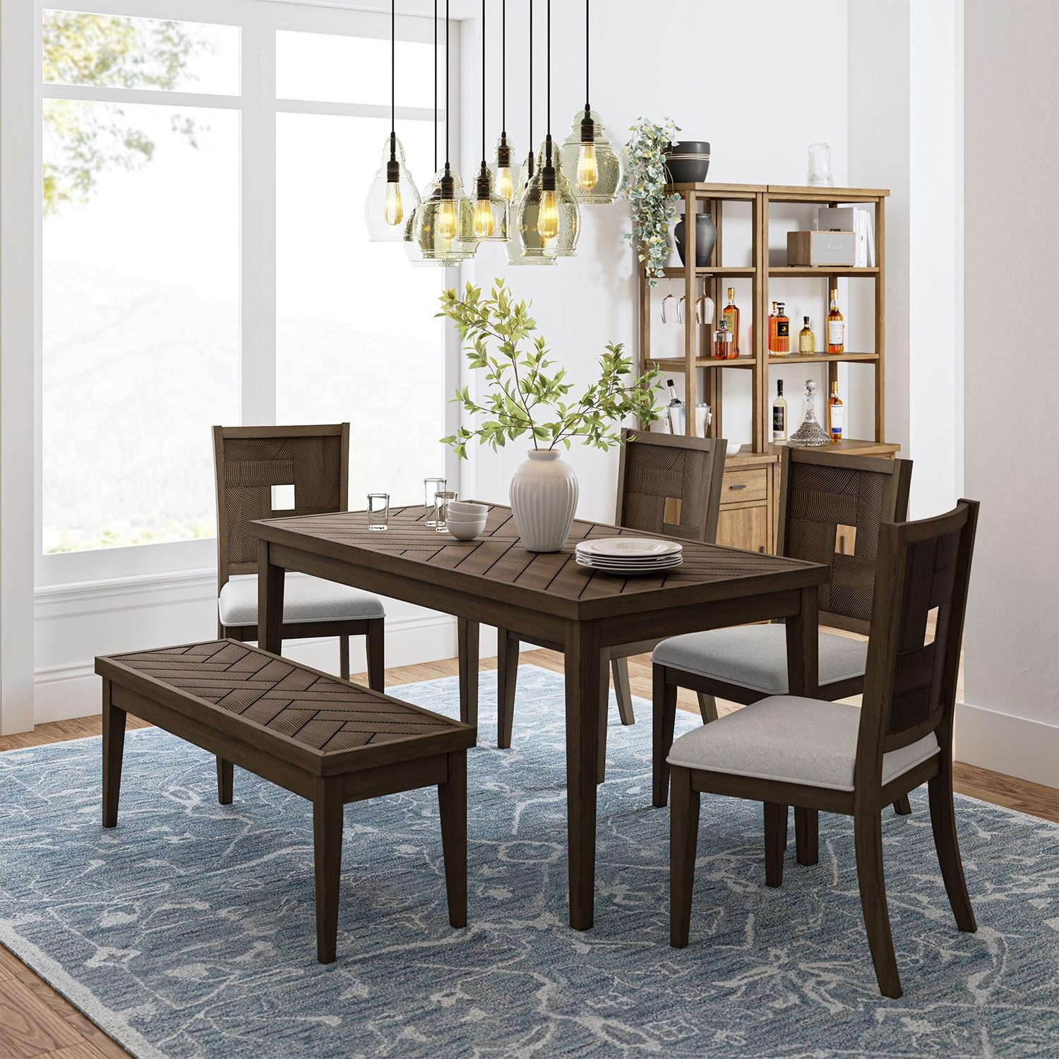 Walmart 6-Piece Classic Dining Set with Solid Wood Table, Bench, 4 ...