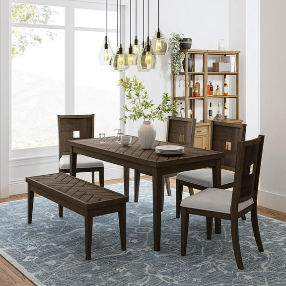 6 Piece Dining Set, Rectangular Dining Table Solid Wood Bench 4 Upholstered Chairs Dining Room Kitchen Brown