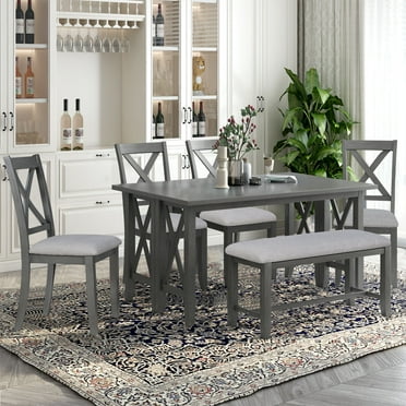6 Piece Dining Set, Solid Wood Dining Table Set, Farmhouse Kitchen Table Set with Upholstered Bench and 4 Dining Chairs, Grey