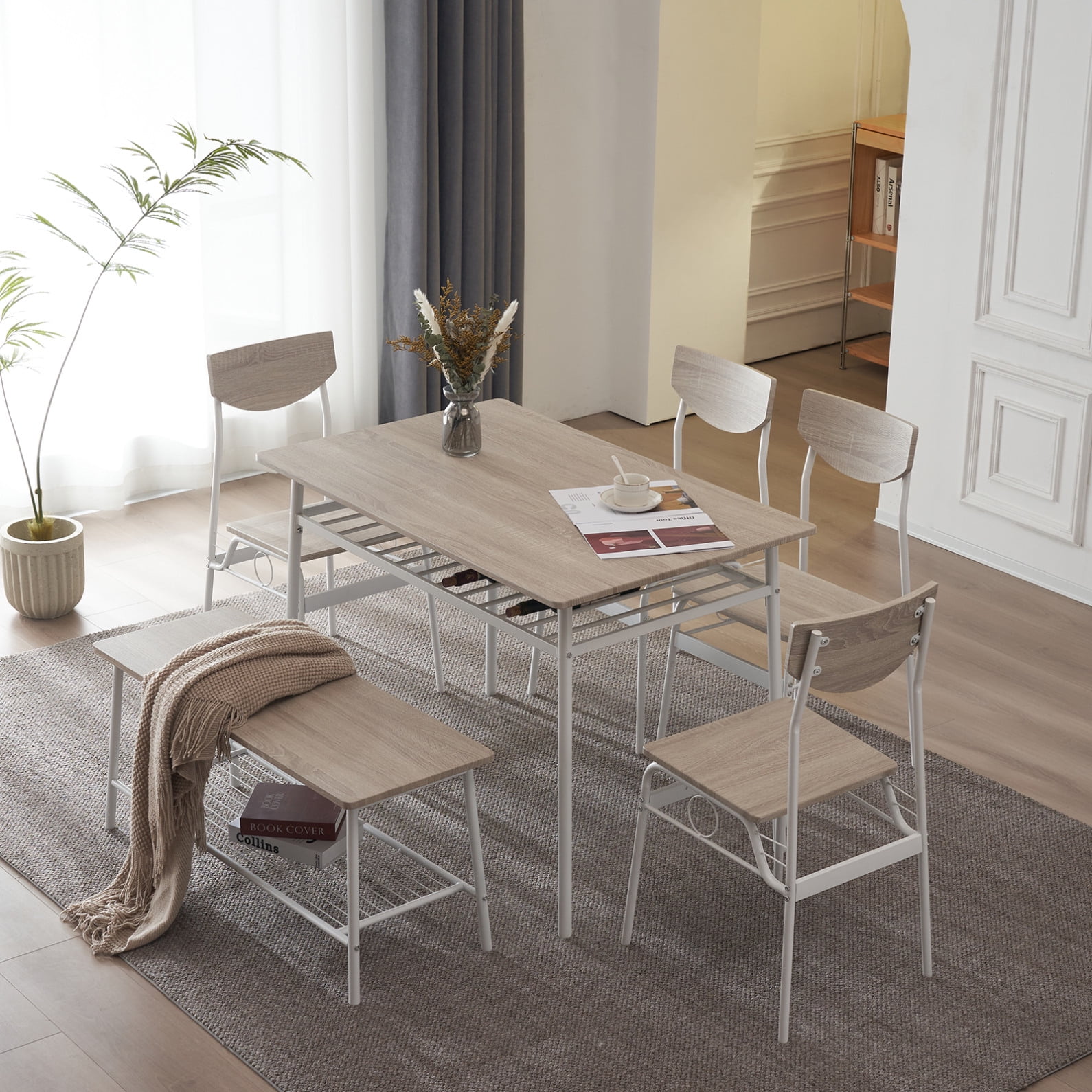 6 Piece Dining Set with Storage Racks Modern Dining Table Set with Rectangular Table Bench and 4 High Backrest Chairs for 6 Person with Steel Frame for Dining Room Living Room Kitchen White