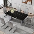 thumbnail image 1 of 6-Piece Dining Set with Marble Glass Table & Light Gray PU Chairs, Silver Metal Legs for Kitchen, Dining Room, 1 of 10