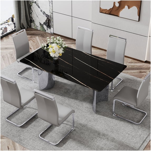 6-Piece Dining Set with Marble Glass Table & Light Gray PU Chairs, Silver Metal Legs for Kitchen, Dining Room