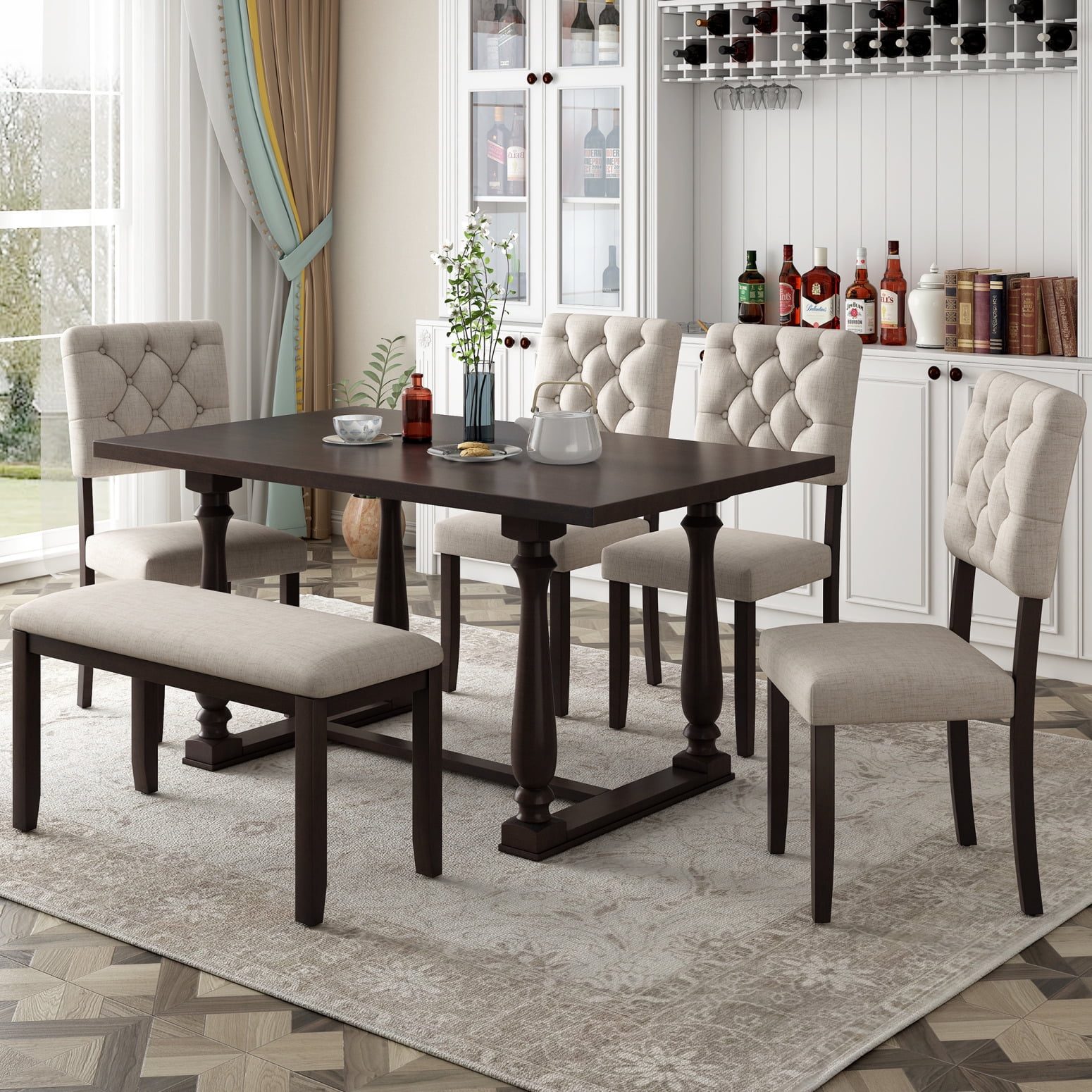 6Piece Dining Table and Chair Set, Counter Height Dining Set with