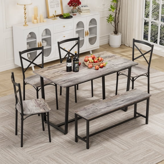 6 Piece Dining Table Set with 4 Chairs and Bench, Kitchen Table Set for 6, Industrial Dining Room Furniture with Metal Frame for Breakfast Nook, Living Room, Gray