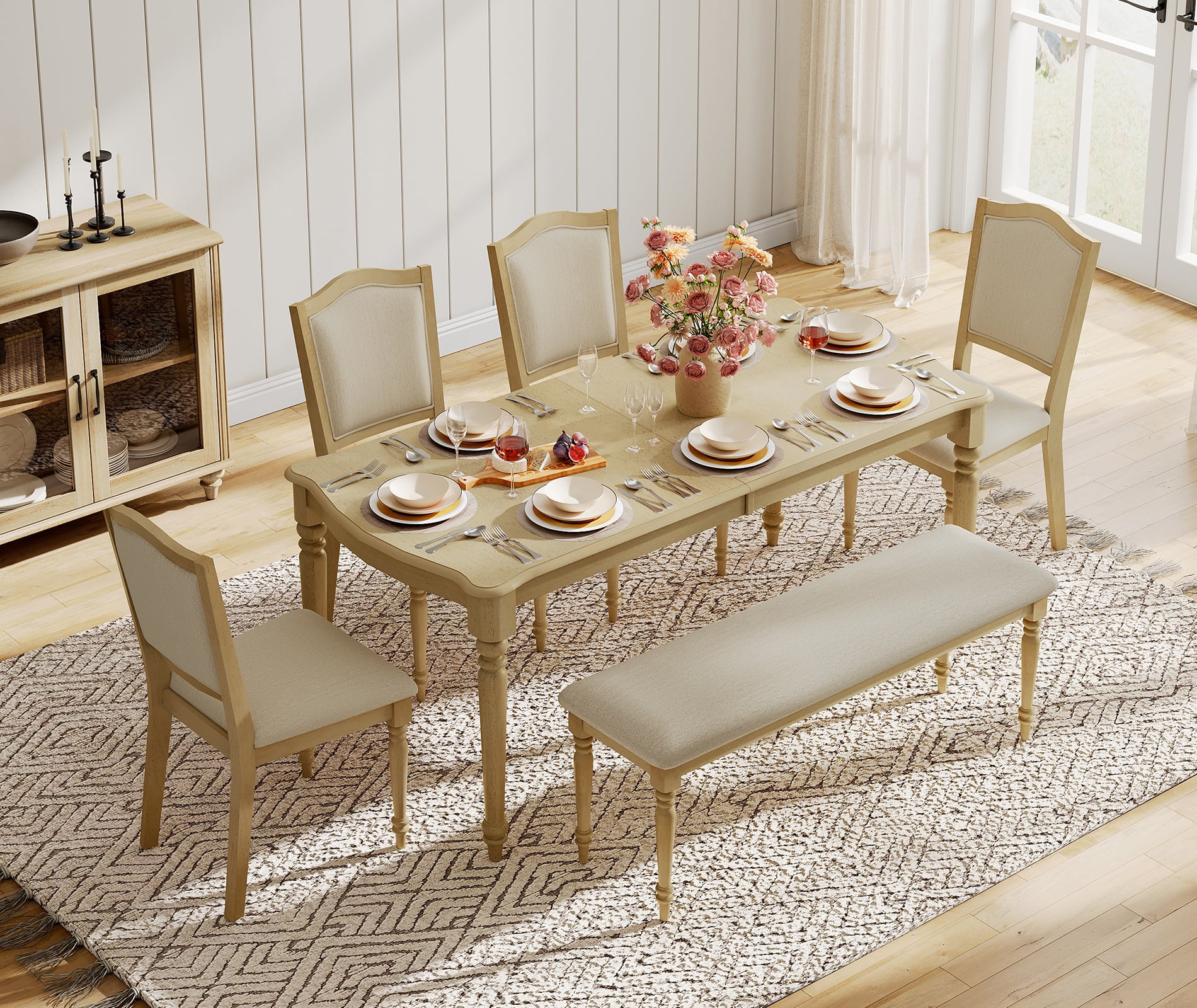 6 Piece Dining Table Set for 6-8 People - Includes One Dining Table, 1 Upholstered Benches and 4 Wood Dining Chairs, Rustic Dining Set for Kitchen, Oak