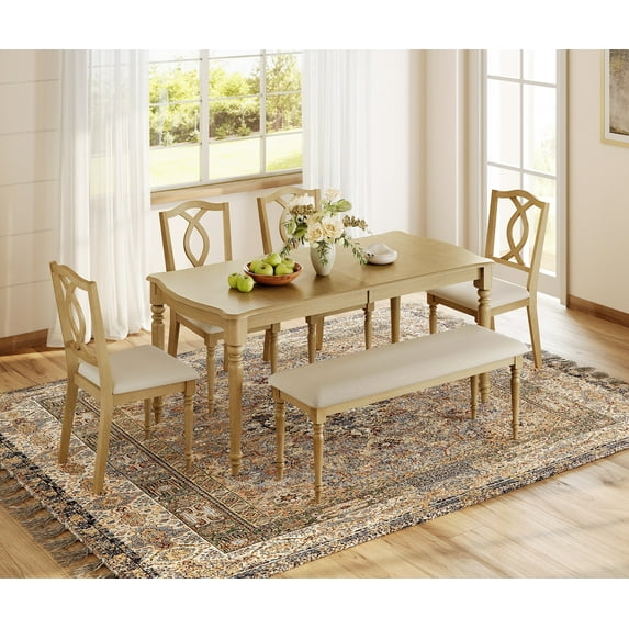 6 Piece Dining Table Set for 6-8 People - Includes One Dining Table, One Upholstered Bench, 4 Cross Back Dining Chairs, Rustic Dining Set for Kitchen, Oak