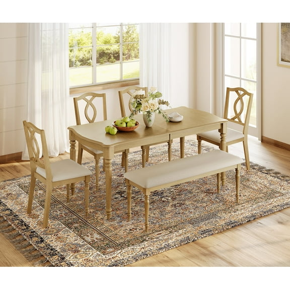 6 Piece Dining Table Set for 6-8 People - Includes One Dining Table, One Upholstered Bench, 4 Cross Back Dining Chairs, Rustic Dining Set for Kitchen, Oak