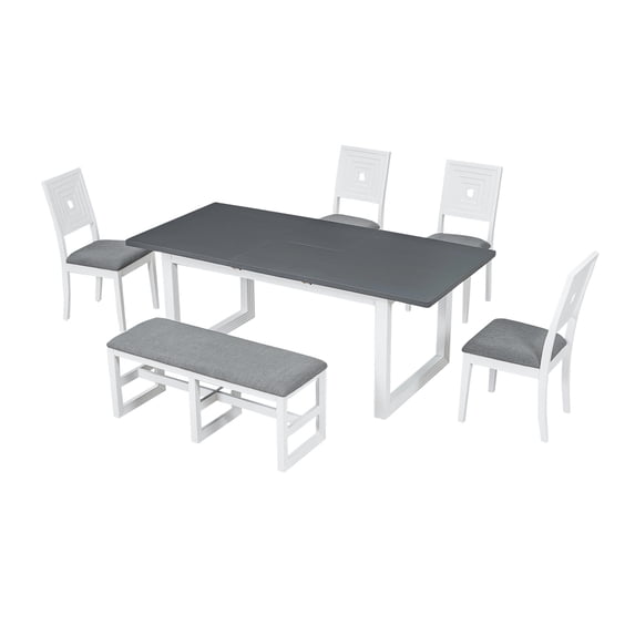 6 Piece Dining Table Set, 78 inch Wood Extendable Dining Table with Bench and 4 Upholstered Chairs