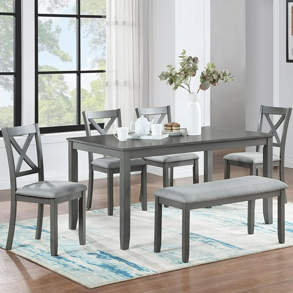6-Piece Dining Table Set with Bench and Chairs - Solid Wood Kitchen Dining Room Table Set in Farmhouse Rustic Style, Table Set for 6 with 4 Chairs and Bench Seat.(Grey_ Large)