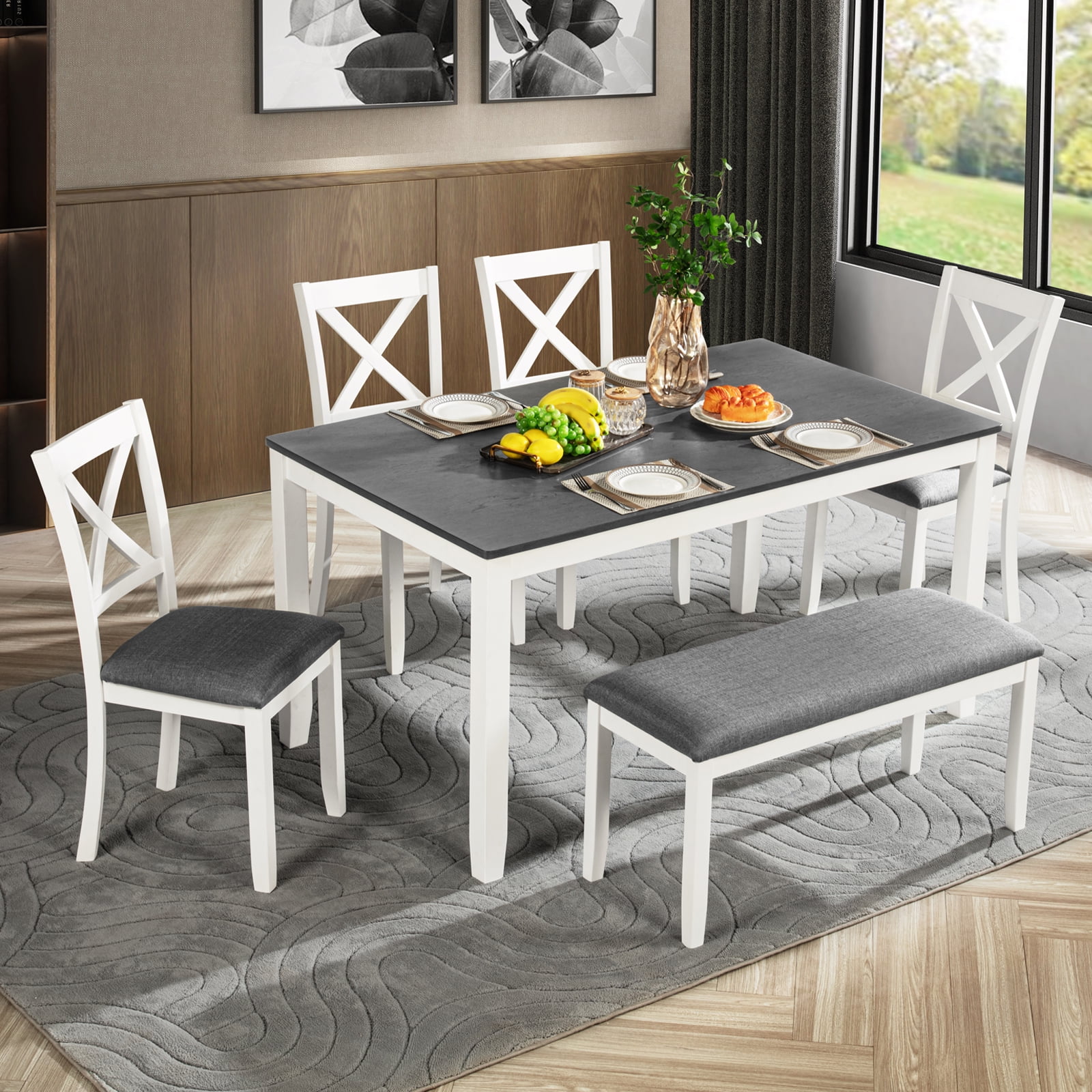 6-Piece Dining Table Set with Bench and Chairs Solid Wood
