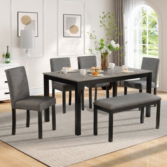6-Piece Dining Table Set with Bench and Chairs, Space Saving Light Grey and Black Two Tone,for Kitchen, Dining Room, Small Space. Solid Wood DiningTable.