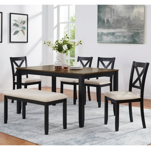 6-Piece Dining Table Set with Bench, Classic Wooden Dining Table Set for 6, Timeless Farmhouse 6-Person Dining Table Set for Dining room, Kitchen, Black & Oak two tone