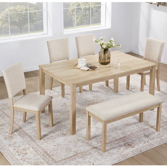 6 Piece Dining Table Set with Bench, Wooden Rectangular Kitchen Table Set with Bench and 4 Upholstered Chairs for Living Room, Kitchen, Dining Room, Light Oak, Beige