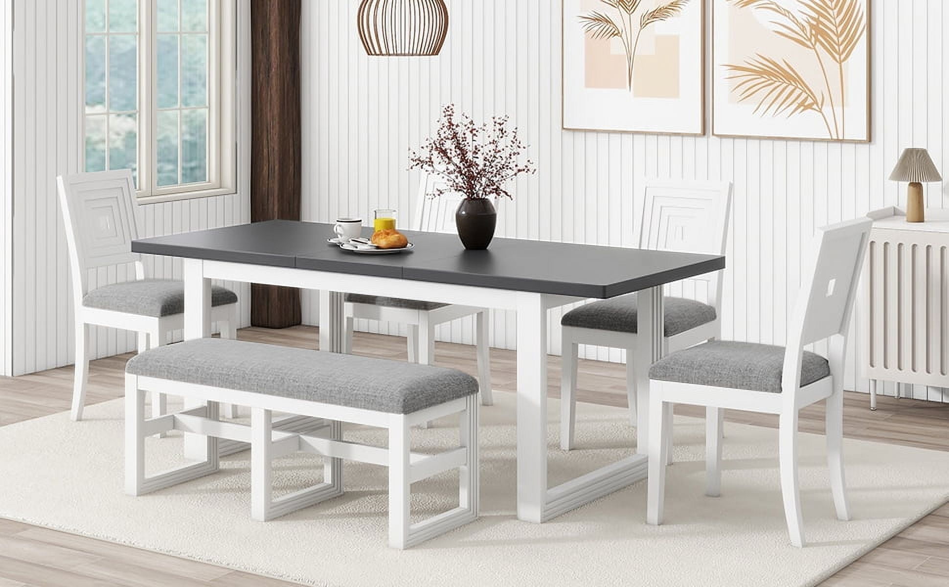 6-Piece Dining Table Set, Extendable Kitchen Table and Upholstered Chairs for 6, Mid-Century ...