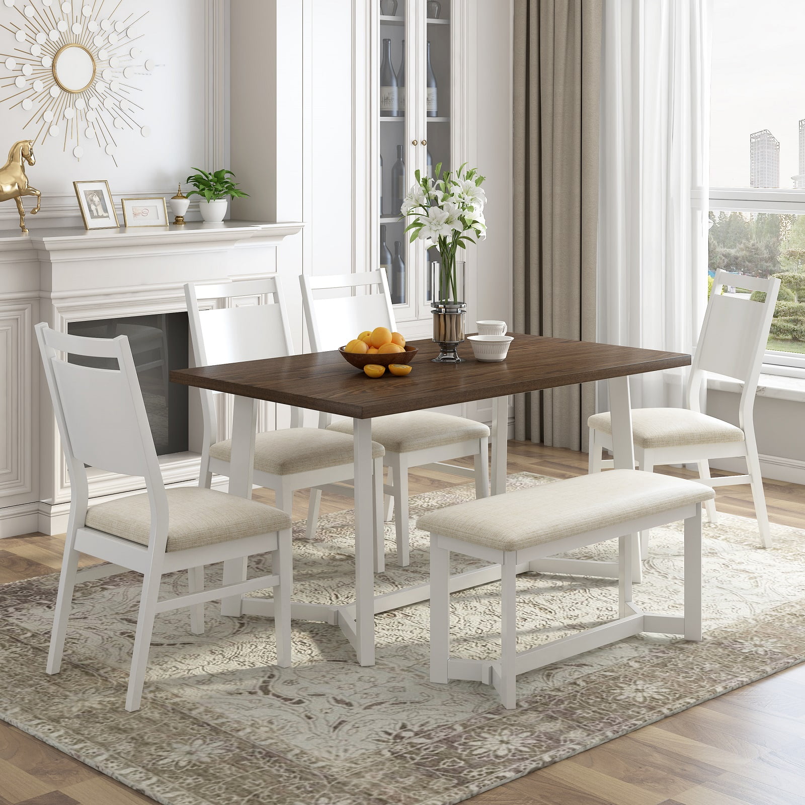 6 Piece Dining Table Set Farmhouse 6 Person Dining Table with 4 Upholstered Chairs a Bench Wood Kitchen Table Set for 6 Persons for Living Room