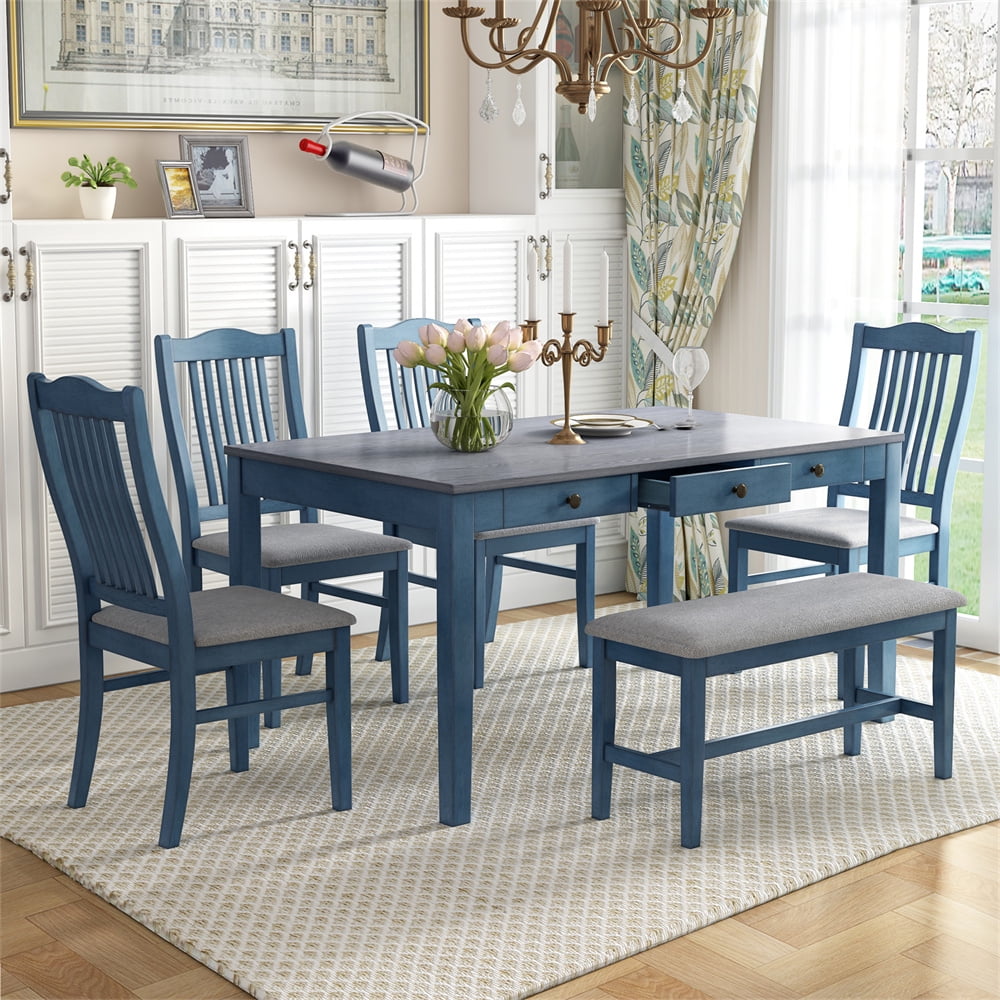 Antique Blue 6-Piece Wood Dining Set with Slat Back Chairs and Bench