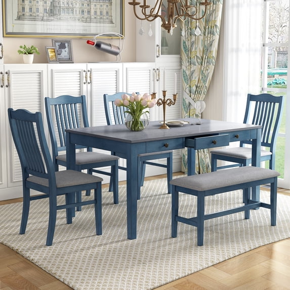 6 Piece Dining Table Set, Mid-Century 6-Person Dining Table with 4 Upholstered Chairs & a Bench, Wood Kitchen Table Set with Drawer for 6 Persons for Home Bar and Kitchen