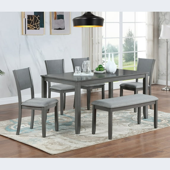 6 Piece Dining Table Set, Modern Home Dining Set with Table, Bench & 4 Cushioned Chairs, Wood Rectangular Table and Chair Set, Kitchen Table Set for Dining Room - Gray