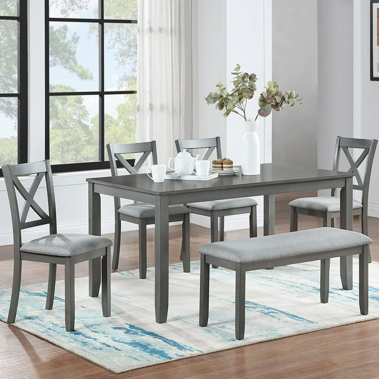 6 Piece Dining Table Set Modern Home Dining Set with Table Bench 4 Cushioned Chairs Wood Rectangular Table and Chair Set Kitchen Table Set for