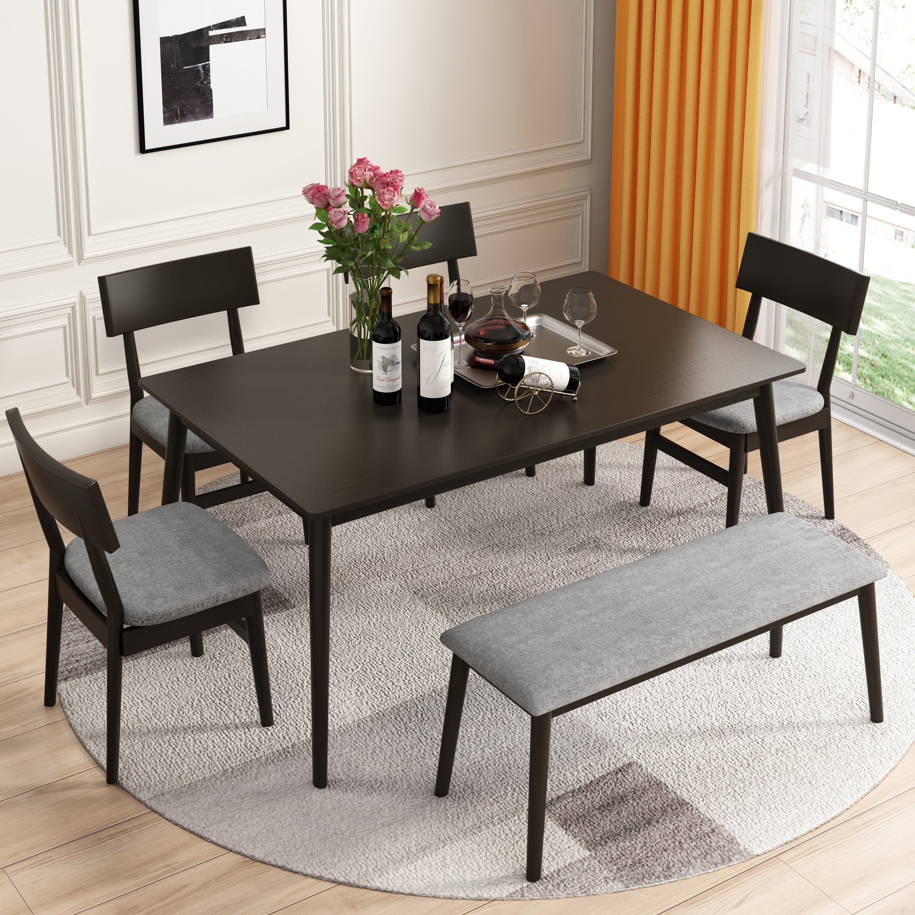 6 Piece Dining Table Set Modern Home Dining Set with Table Bench 4 Cushioned Chairs Wood Rectangular Table and Chair Set Kitchen Table Set for
