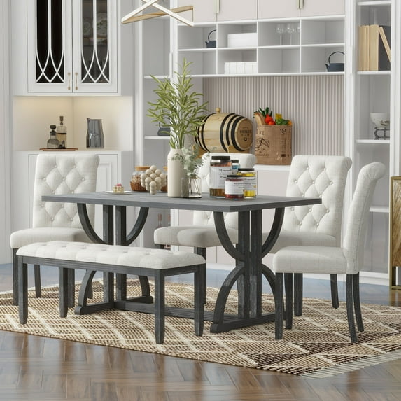 6-Piece Dining Table Set, Modern Rectangular Wood Table with 4 Upholstered Chairs and 1 Bench, Kitchen Table with Unique Legs for Dining Room and Kitchen, Gray