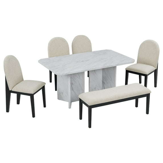 6-Piece Dining Table Set,Modern Style Dining Table Set with 1 Table 4 Upholstered Dining Chairs 1 Bench,Irregular Octagonal Tabletop,Marble Appearance,Solid Wood Furniture Set For 6 Persons