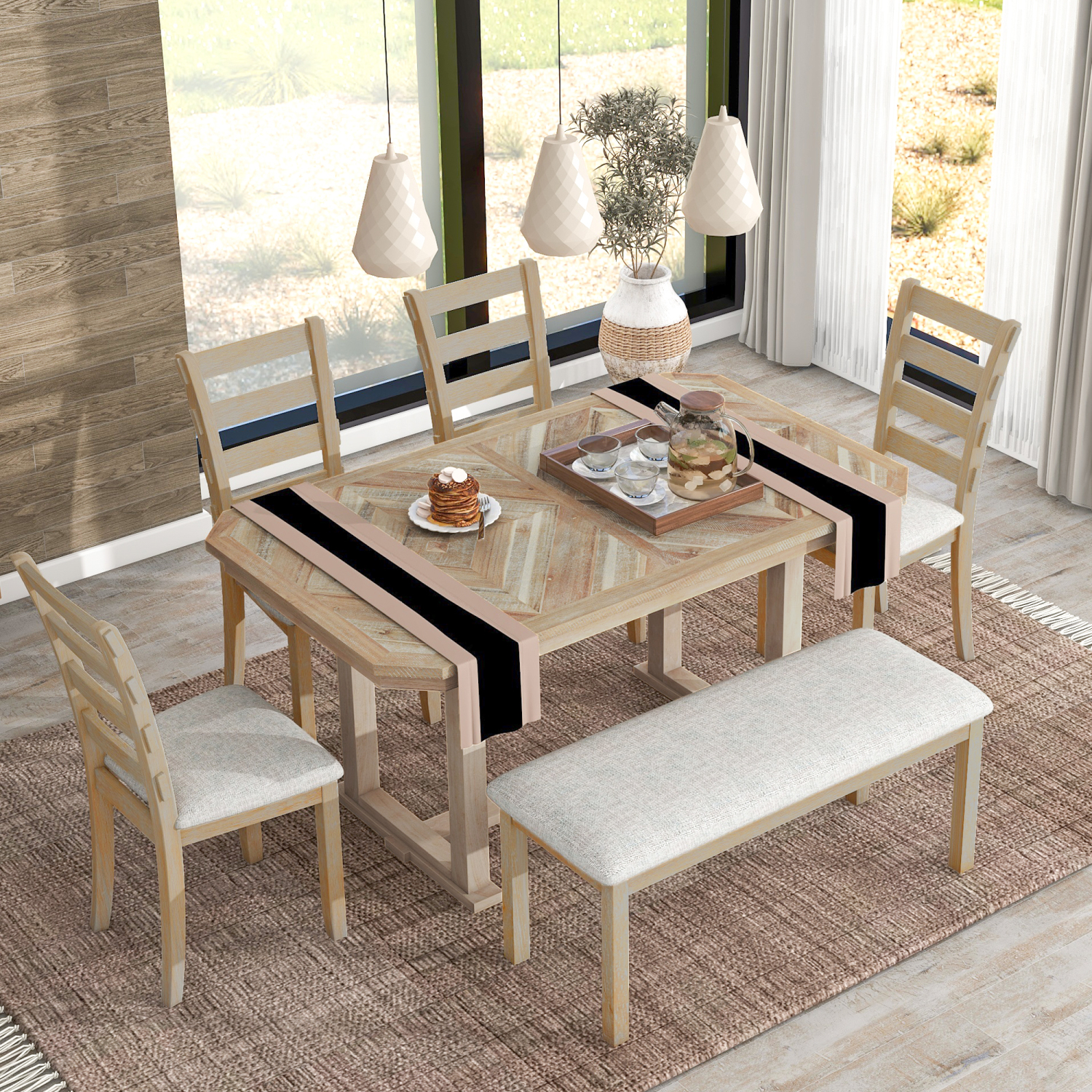 6Piece Dining Table Set Natural Wood Wash, Rubber Wood with Clear