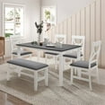 thumbnail image 1 of 6-Piece Dining Table Set, Rectangular Counter Height Dining Table with Upholstered Bench and 4 Dining Chairs, Farmhouse Style Wood Kitchen Table Set for Dining Room, Gray+White, 1 of 7
