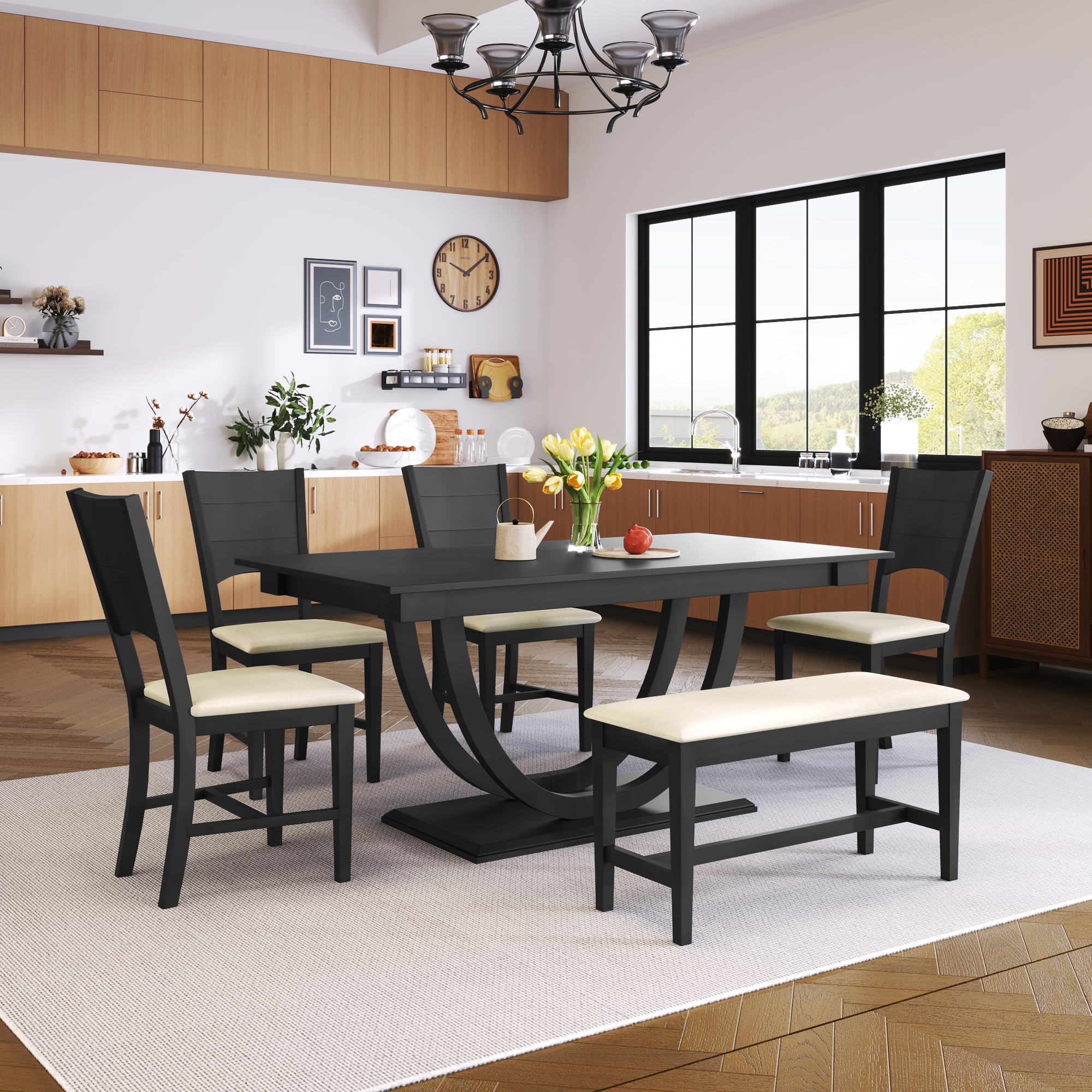 6 Piece Farmhouse Dining Table Set with Bench HANSHE Dining Room Set with 1 Table 1 Bench and 4 Chairs Wooden Dining Table Set for 6 Modern Dining Set for Kitchen Dining