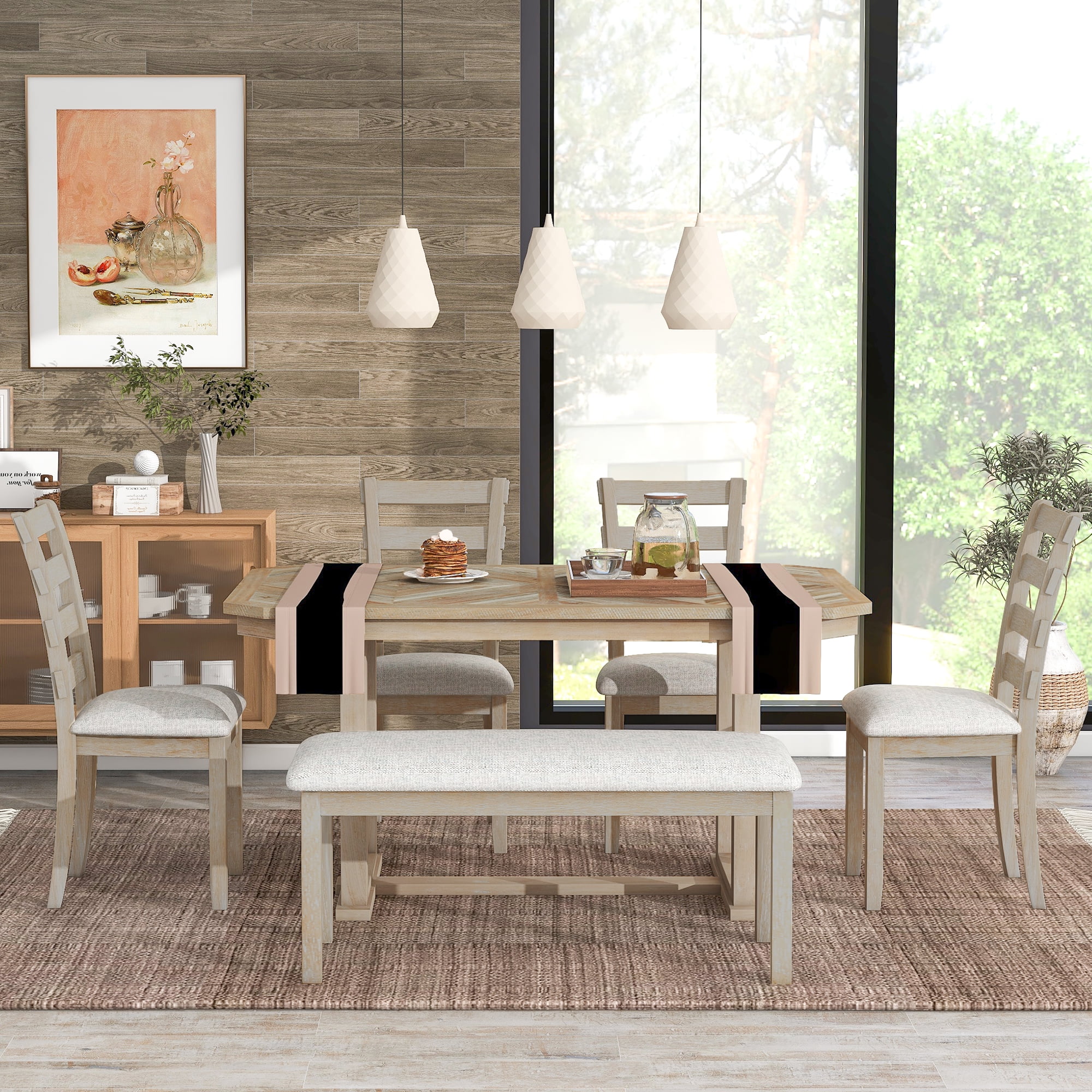 6 Piece Wooden Dining Table Set with Bench and 4 Upholstered Chairs ...