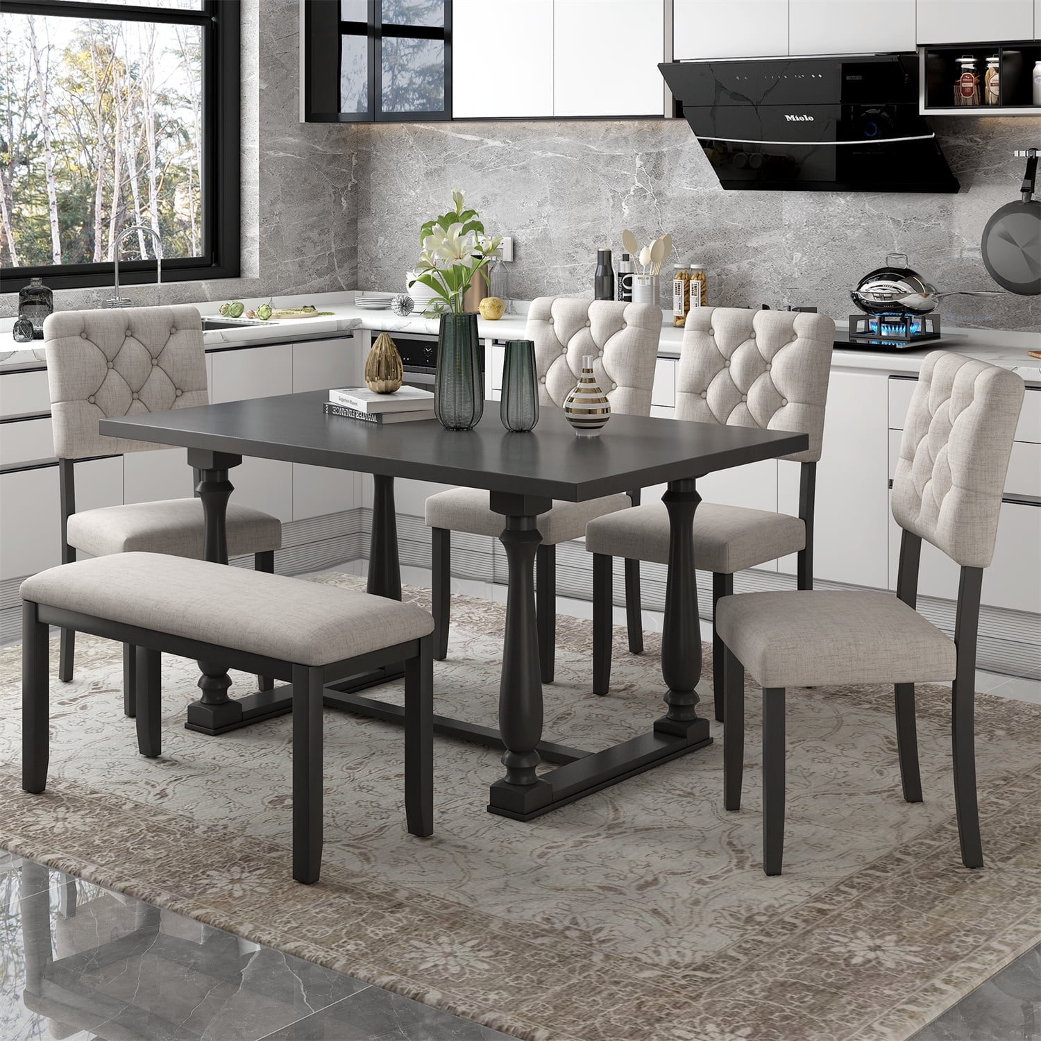 6 Piece Dining Table Set Dining Room Set with Rectangular Dining Table Upholstered Bench 4 Upholstered Chairs Special Shaped Legs Foam Covered
