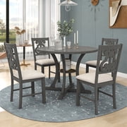 5 Piece Dining Table Set, Solid Wood Round Dining Table with 4 Upholstered Dining Chairs, Kitchen Table Set for Playroom, Living Room and Home Bar, Grey