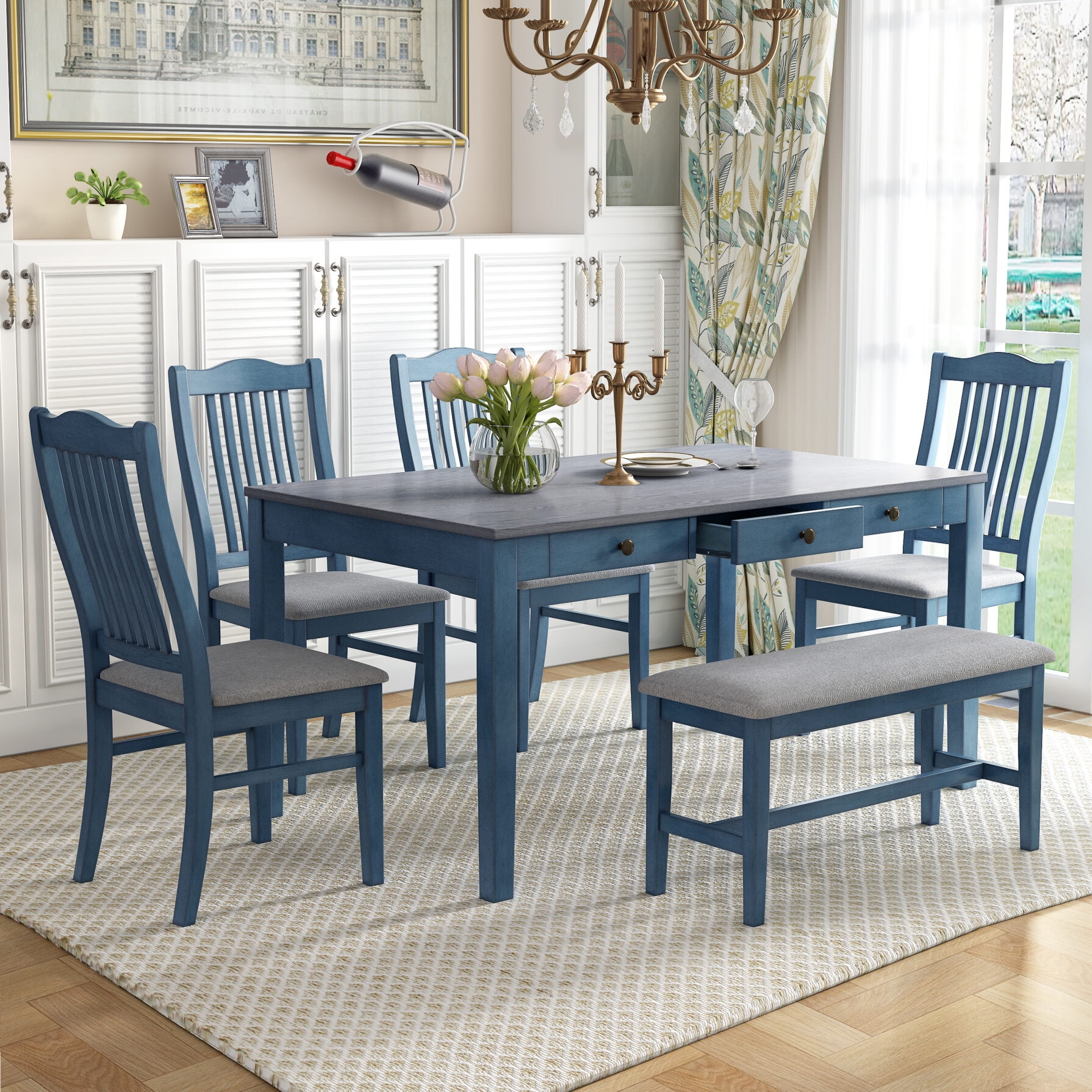 Antique Blue 6-Piece Wood Dining Set with Slat Back Chairs and Bench