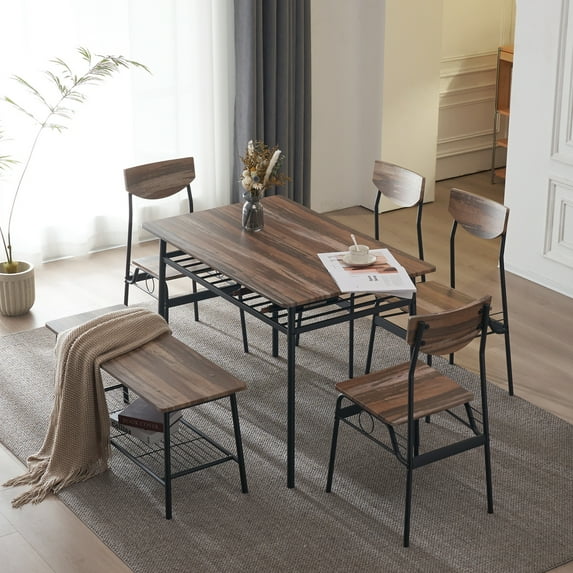 6 Piece Dining Table Set, Wooden Dining Table with Storage Rack, 4 Chair and Bench, Stainless Steel Frame Modern Dining Set for Home, Kitchen, Breakfast Small Space, Easy Assembly, Natural