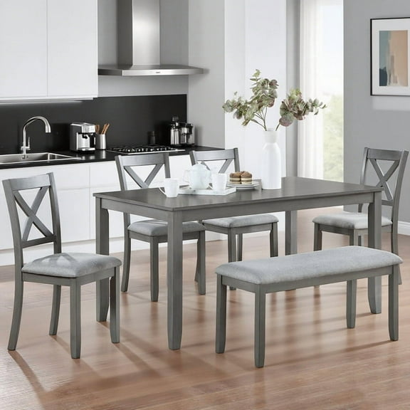 6 Piece Dining Table Set, Wooden Rectangular Kitchen Table with 4 Dining Chairs with Cushions and 1 Bench with Cushion, Kitchen Dining Room Table Set for 6 (Gray)