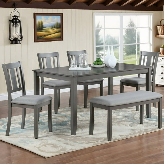 6 Piece Dining Table Set, Wooden Rectangular Kitchen Table with 4 Dining Chairs with Cushions and 1 Bench with Cushion, Kitchen Dining Room Table Set for 6 (Gray)