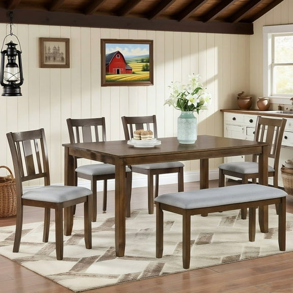 6 Piece Dining Table Set, Wooden Rectangular Kitchen Table with 4 Dining Chairs with Cushions and 1 Bench with Cushion, Kitchen Dining Room Table Set for 6 (Walnut)