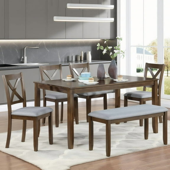 6 Piece Dining Table Set, Wooden Rectangular Kitchen Table with 4 Dining Chairs with Cushions and 1 Bench with Cushion, Kitchen Dining Room Table Set for 6 (Walnut)